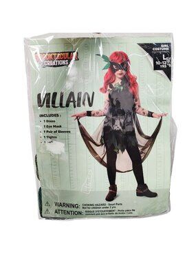 Girl Villain Costume L 10-12 Dress Eye Mask Sleeves Tights Belt Halloween